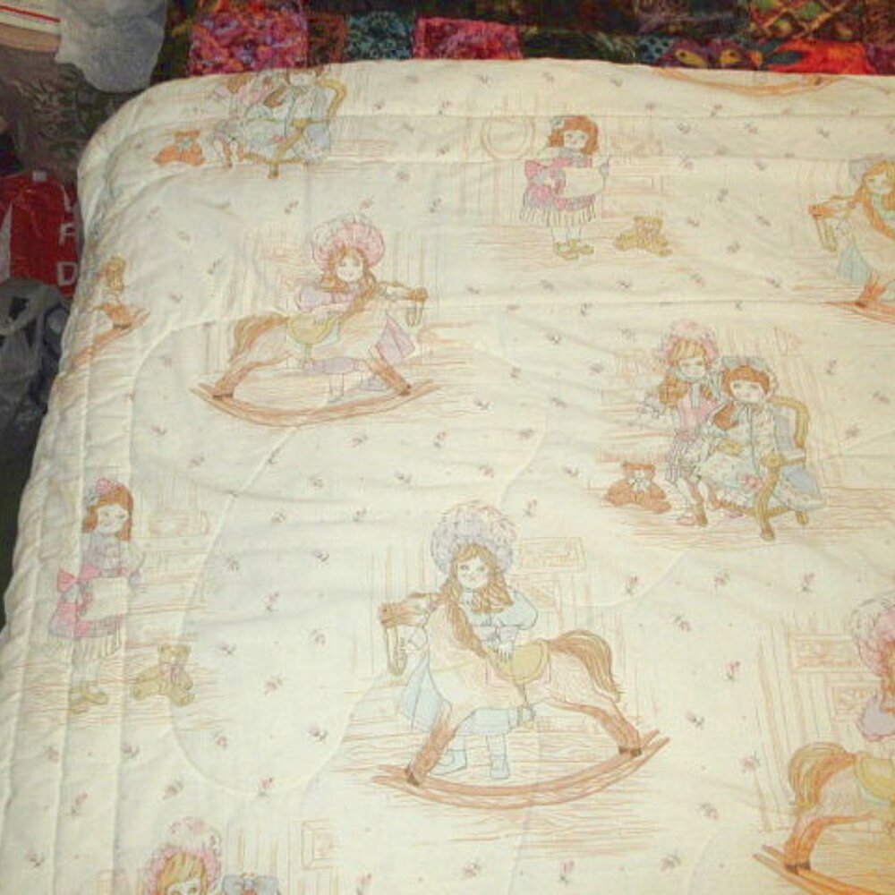 Vtg Victorian Doll Crib Quilt Toddler Bed Reversible Horse Bear Girl Friends - Picture 2 of 13